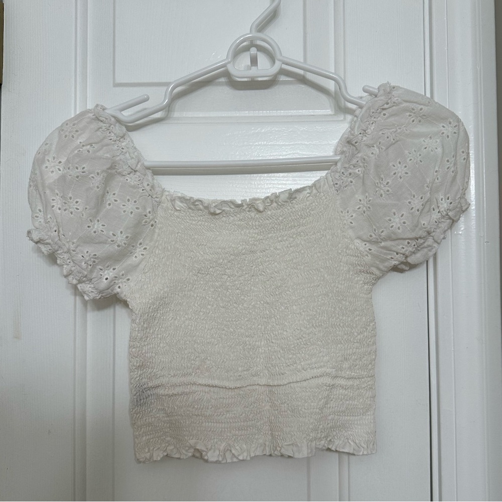 SHEIN Women’s Off the Shoulder Crop Top Small White Eyelet Puff Shoulder Stretch
